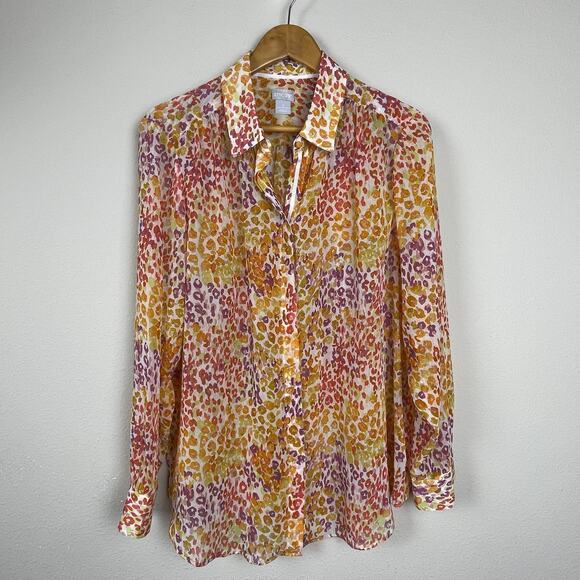 Chico's Sheer Button-Up Shirt Size 3 (16/18 XL) Red Orange Animal Print Long Sle - Picture 1 of 5